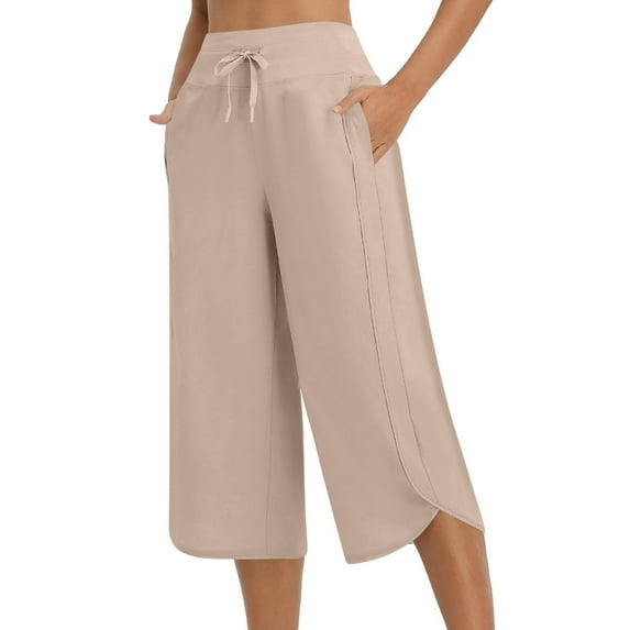 ZQUUVOU Women's Capris Pants Loose High Waist Elastic Pocket Side Slits Yoga Pants(Beige,2XL)