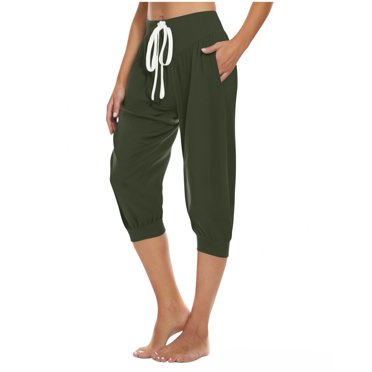 ZQUUVOU Women's Capris Pants Solid Color Drawstring High Waist Elastic Loose Pocket(Olive Green,L)