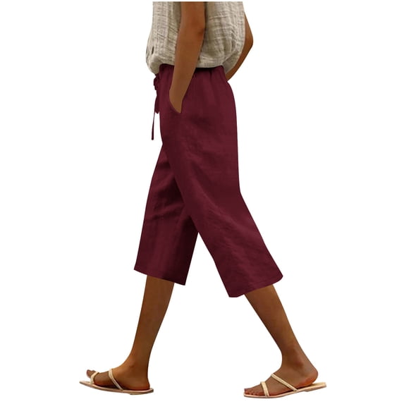 ZQUUVOU Women's Capris Shorts Solid Color Drawstring Casual Pants Pocket(Burgundy,2XL)