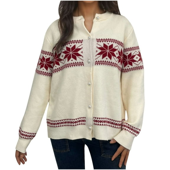 ZQUUVOU Women's Cardigan Sweaters Winter Snowflake Embroidered Jacquard Button Up Cardigan Long Sleeve Knit Sweater Coat White