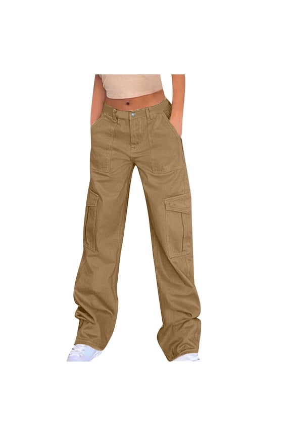 Women's Cargo Jean Pants Solid Color Denim Pants Multiple Pockets Zip Front Fashion Workwear Trousers Khaki