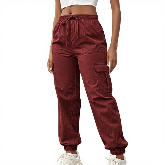 ZQUUVOU Women's Cargo Jogger Pants Drawstring Elastic Waist Pants Solid Color Multiple Pockets Casual Hiking Travel Trousers Burgundy