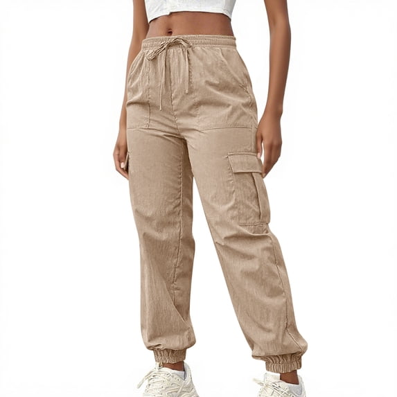 ZQUUVOU Women's Cargo Jogger Pants Drawstring Elastic Waist Pants Solid Color Multiple Pockets Casual Hiking Travel Trousers Khaki