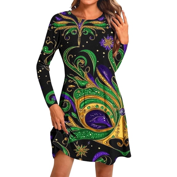 ZQUUVOU Women's Carnival Print Dress Long Sleeve Round Neck Knee Length Colorful Party Gown Celebration Multicolor H