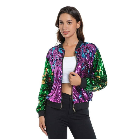 ZQUUVOU Women's Carnival Sequin Jacket Cropped Fashion Loose Long Sleeve Zip Up Pocket Coat Sparkle Party Outerwear Purple