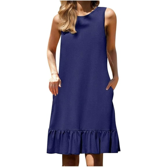 ZQUUVOU Women's Casaul Dress Round Neck Sleeveless Pleated Midi Dress Navy,3XL