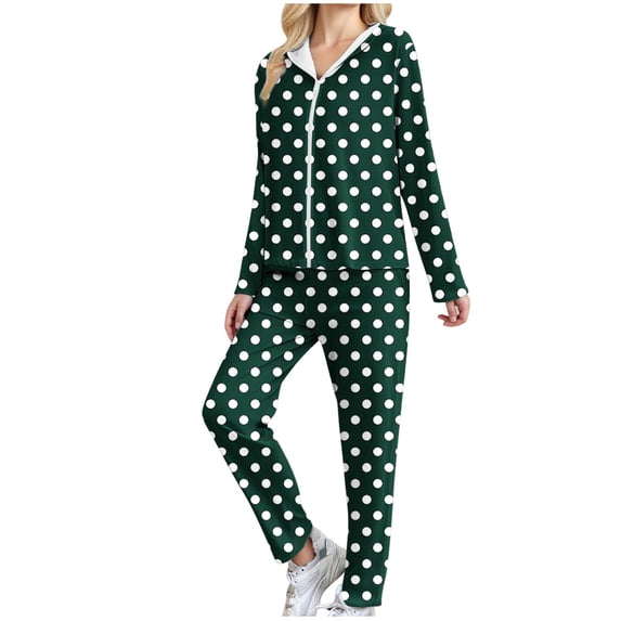 ZQUUVOU Women's Casual 2 Piece Outfit Polka Dot Print Hooded Sweatshirt with Jogger Pants Set Drawstring Waist Pockets Green