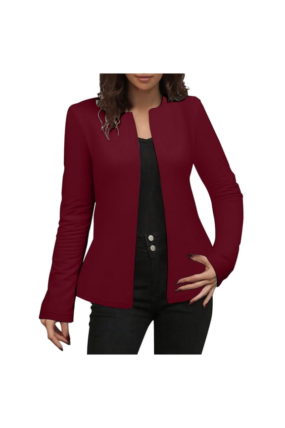 Women's Casual Blazer Plain Color Open Front Cardigan Long Sleeve Crew Neck Soft Business Suit Jacket Burgundy