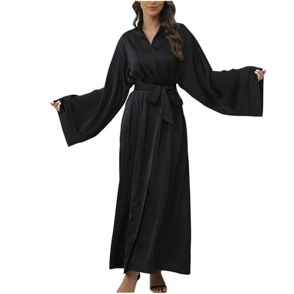 ZQUUVOU Women's Casual Dress Long Sleeve Loose Tie Waist Adjustable Maxi Midi Dresses Black,M