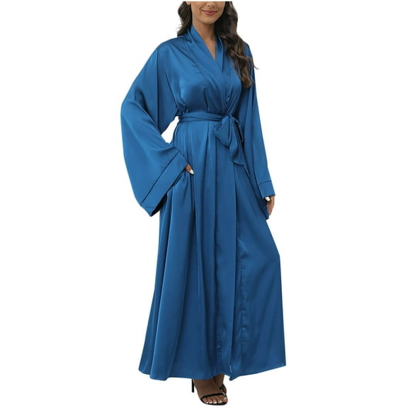 ZQUUVOU Women's Casual Dress Long Sleeve Loose Tie Waist Adjustable Maxi Midi Dresses Blue,L