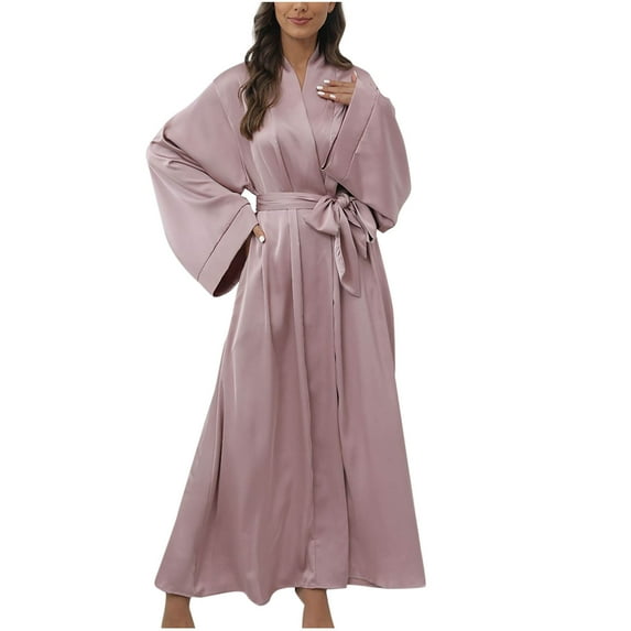 ZQUUVOU Women's Beach Dress Long Sleeve Duster Maxi Dress V Neck Tie Waist Side Pockets Open Front Cardigan Cover Up Pink