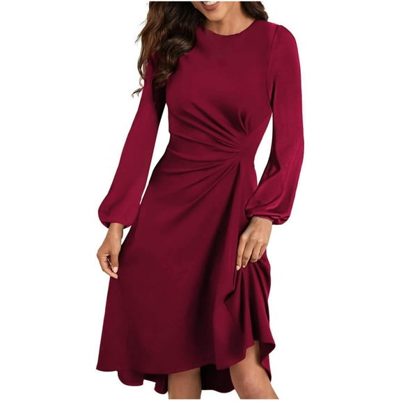 ZQUUVOU Women's Casual Dress Long Sleeves Round Neck Waist Dress Burgundy,S