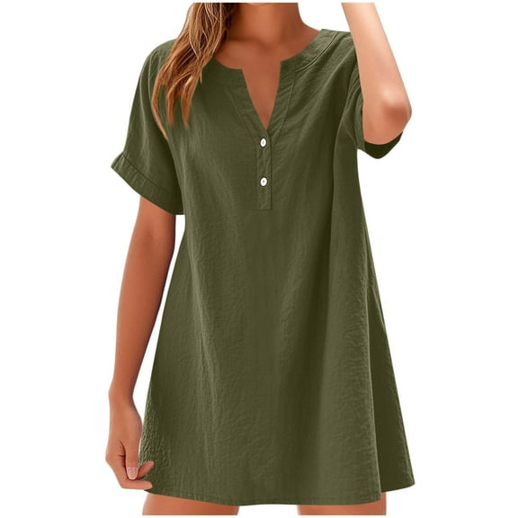 ZQUUVOU Women's Casual Dress Short Sleeve V-Neck Button Mini Dress Olive Green,L