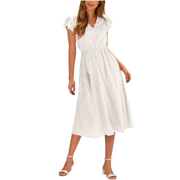 ZQUUVOU Women's Casual Dress Short Sleeve V Neck Elastic Waist Hollow Out Dress White,M