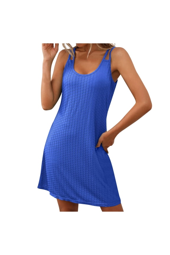 Women's Casual Dress Sleeveless Round-Neck Thread Mini Sundress Blue,M