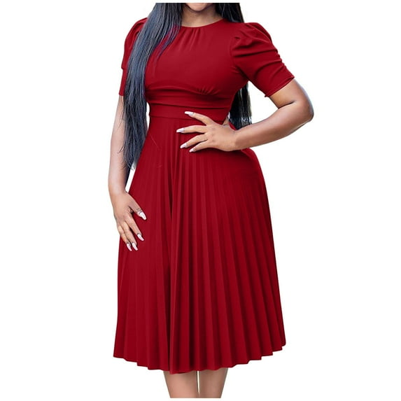 ZQUUVOU Women's Casual Dress Solid Color Round Neck Short Sleeve Midi Pleated Dress Burgundy,S