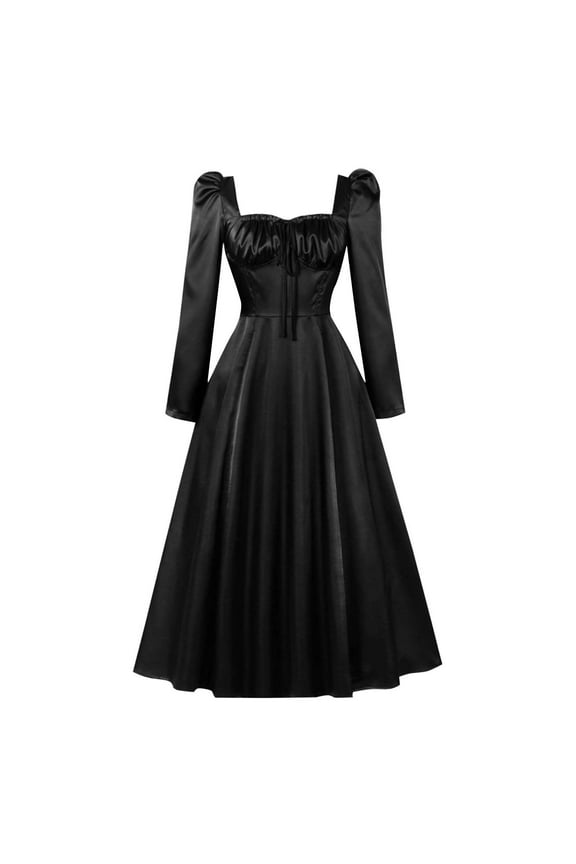 Women's Casual Dress Square Neck Long Sleeve Solid Color A Line Maxi Dress Black,2XL