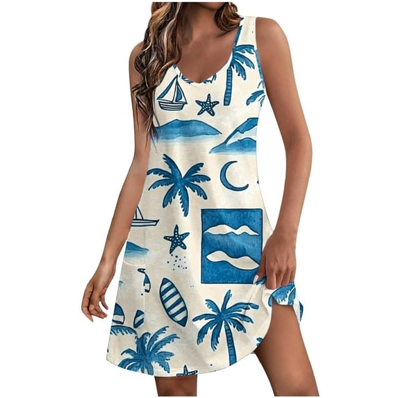 ZQUUVOU Women's Casual Dress Summer Beach Printed Sleeveless Sundress Pocket B-Beige,2XL