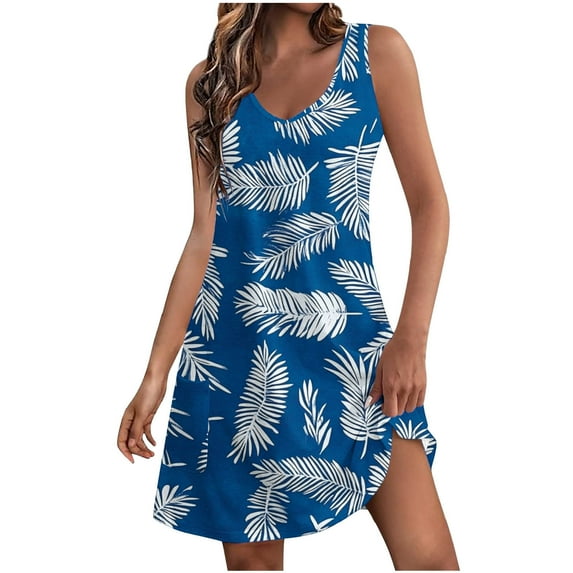 ZQUUVOU Women's Casual Dress Summer Beach Printed Sleeveless Sundress Pocket E-Blue,M