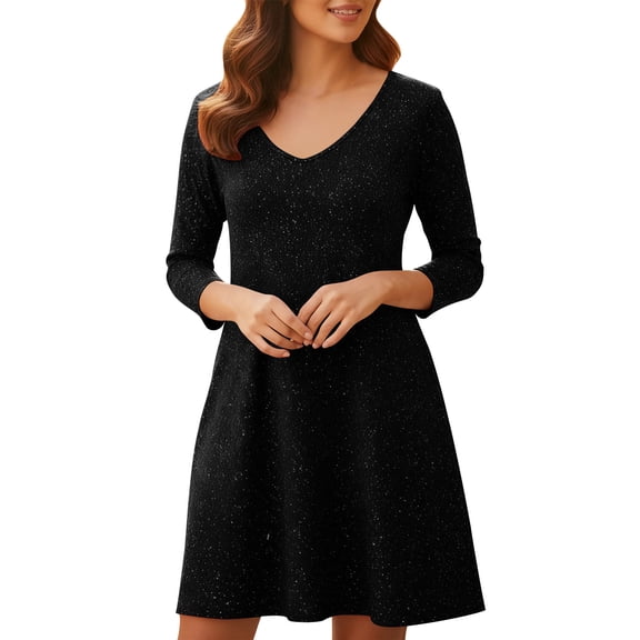 ZQUUVOU Women's Casual Pocket Dress Long Sleeve V Neck Solid Color Short Length Comfortable Night Outfit Mini Dress Black