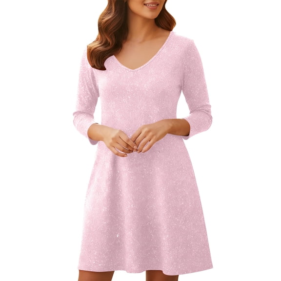 ZQUUVOU Women's Casual Pocket Dress Long Sleeve V Neck Solid Color Short Length Comfortable Night Outfit Mini Dress Pink