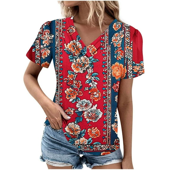 ZQUUVOU Women's Casual Print Boho T-Shirt V-Neck Short Sleeved Blouse A-Red (XL)