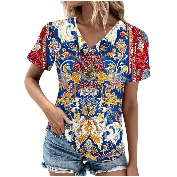 ZQUUVOU Women's Casual Print Boho T-Shirt V-Neck Short Sleeved Blouse B-Red (XL)