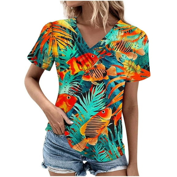 ZQUUVOU Women's Casual Print Boho T-Shirt V-Neck Short Sleeved Blouse H-Orange (M)