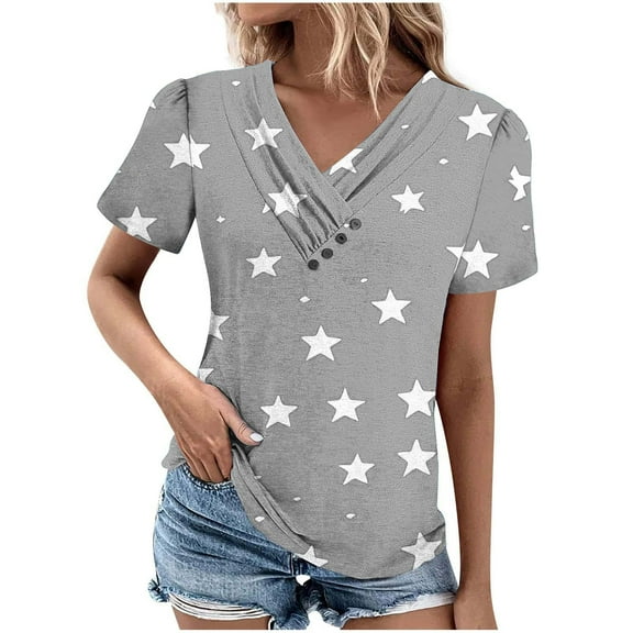 ZQUUVOU Women's Casual Print Boho T-Shirt V-Neck Short Sleeved Blouse K-Gray (XL)