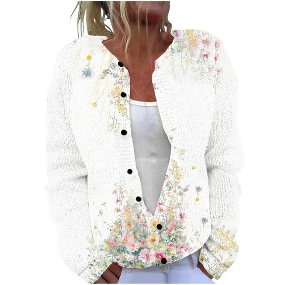ZQUUVOU Women's Casual Printed Knitted Cardigan Button Coat (White,S)