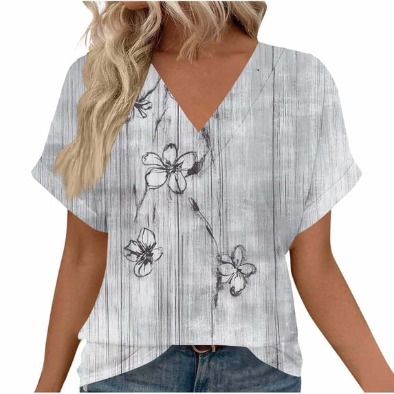 ZQUUVOU Women's Casual T-Shirt Boho Printing Short Sleeve V-Neck Blouse Gray (2XL)