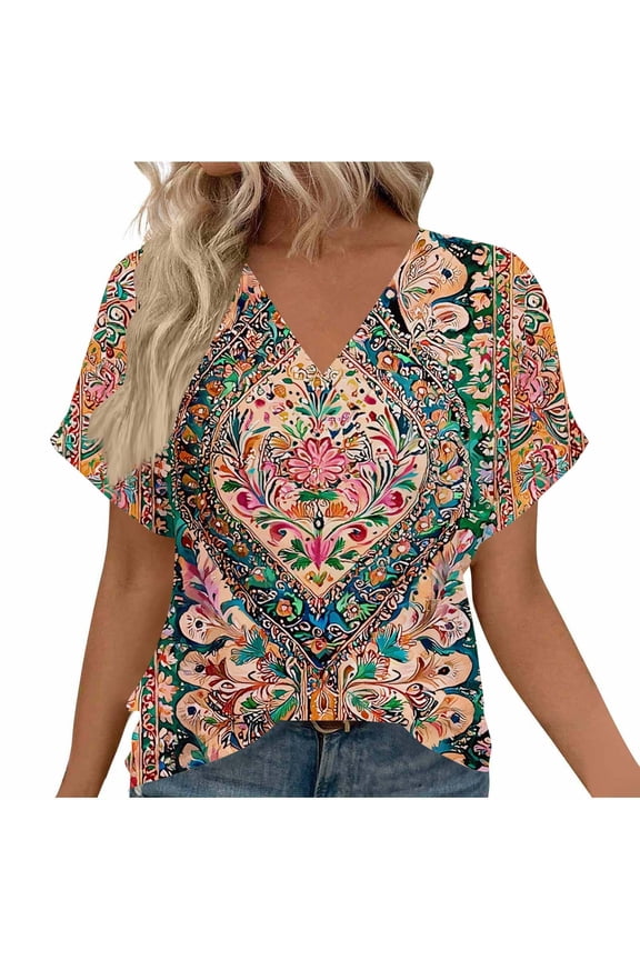 Women's Casual T-Shirt Boho Printing Short Sleeve V-Neck Blouse Orange (L)