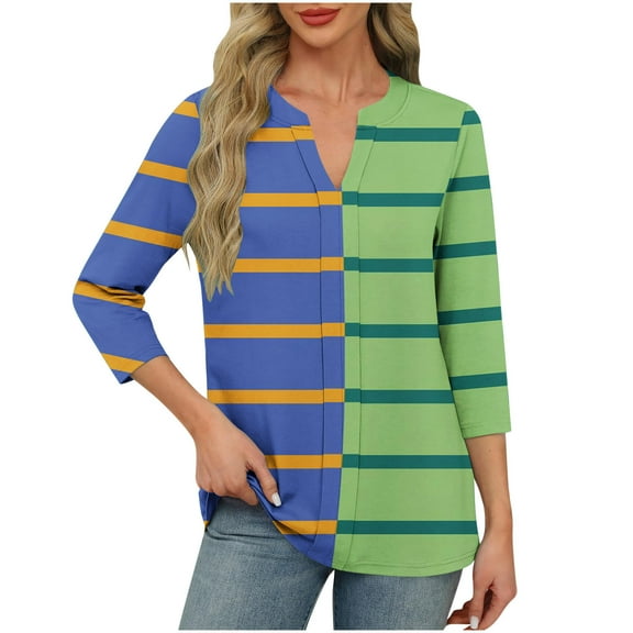 ZQUUVOU Women's Casual T-Shirt Stripe Color Blocked V-Neck 3/4 Sleeve T-Shirt Green (2XL)