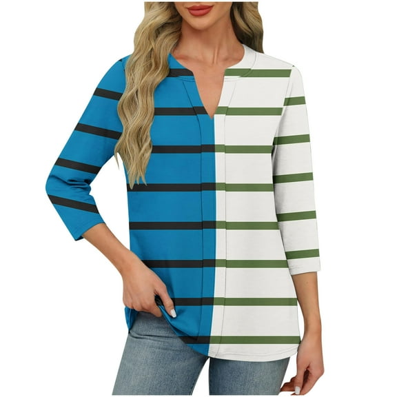 ZQUUVOU Women's Casual T-Shirt Stripe Color Blocked V-Neck 3/4 Sleeve T-Shirt White (XL)