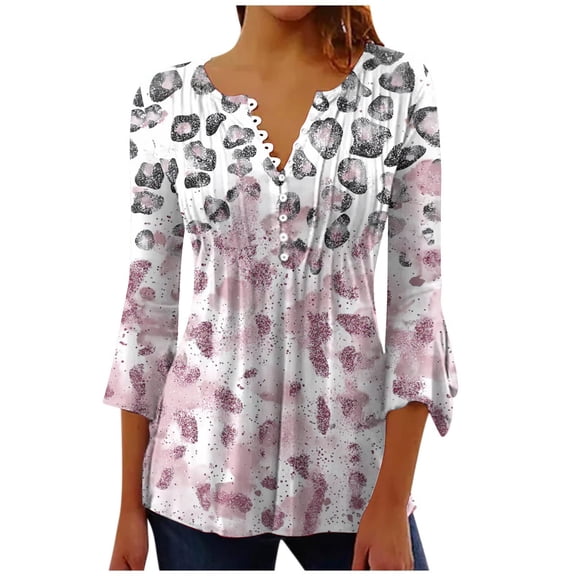 ZQUUVOU Women's Casual T-Shirt Print 3/4 Sleeves Blouse V-Neck Topss F-Pink (S)