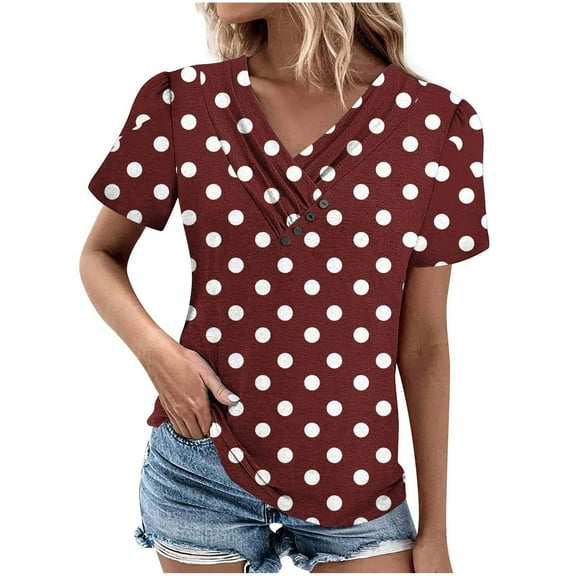 ZQUUVOU Women's Casual T-Shirt V-Neck Casual Short Sleeved Blouse Burgundy (L)