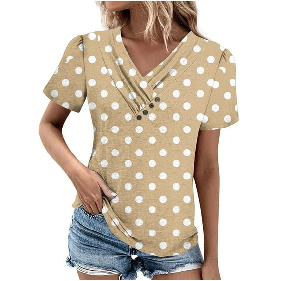 ZQUUVOU Women's Casual T-Shirt V-Neck Casual Short Sleeved Blouse Khaki (3XL)
