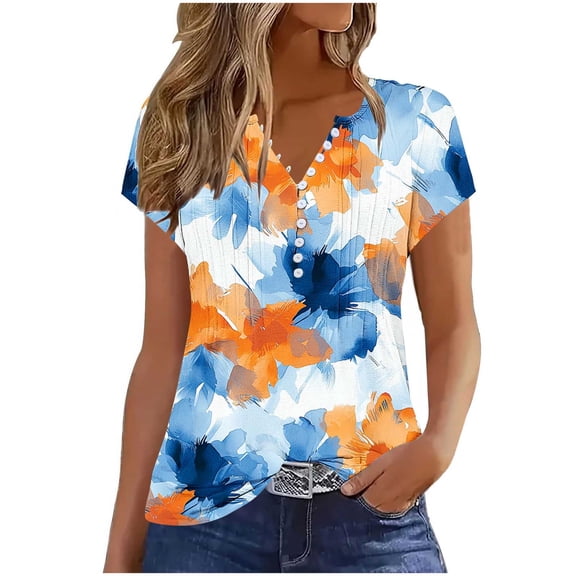 ZQUUVOU Women's Casual T-Shirt Women's Fashion Summer Casual Printed V-Neck Button Up Short Seeved Blouses D-Yellow (XL)