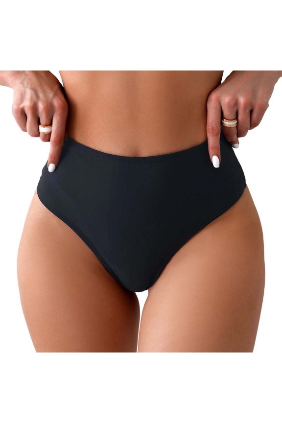 Women's Cheeky Thong Bikini Bottoms High Waist Ruched Quick Dry Beach High Cut Swimsuit Butt Bathing Suit Briefs Black