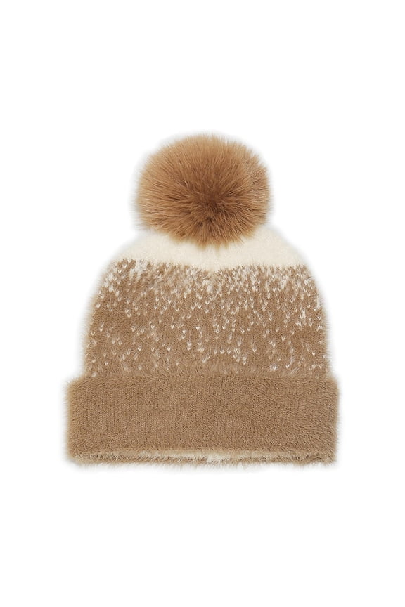 Women's Christmas Knit Hat with Faux Fur Pom Pom Warming Jacquard Snowflake Pattern Festive Headwear Khaki A