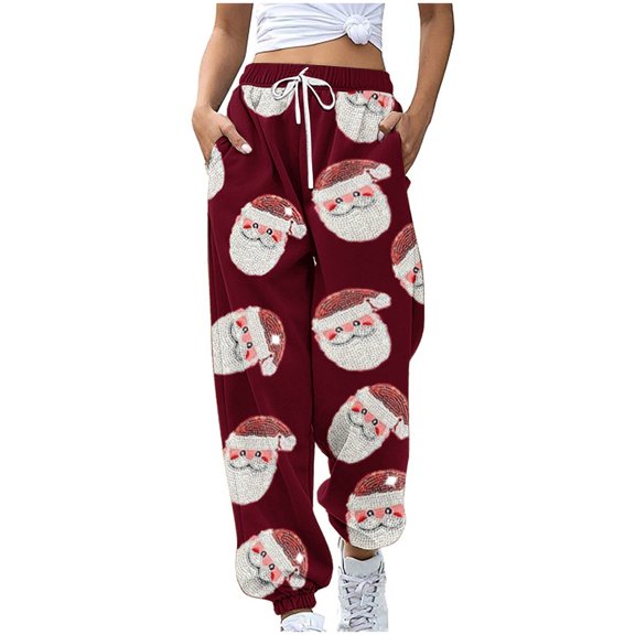 ZQUUVOU Women's Cinch Bottom Sweatpants Christmas Plaid Print Drawstring Joggers Cuffed Hem trendy Street Pants Burgundy