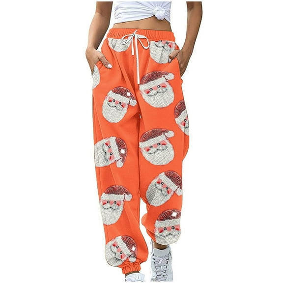 ZQUUVOU Women's Cinch Bottom Sweatpants Christmas Plaid Print Drawstring Joggers Cuffed Hem trendy Street Pants Orange B