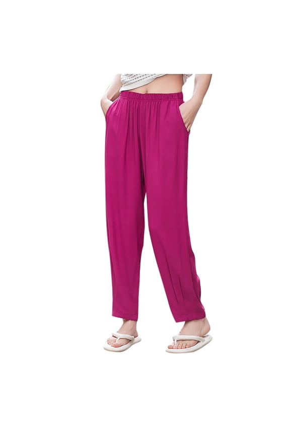 Women's Cinch Bottom Sweatpants Solid Color Twisted Herringbone Pleated Casual Sport Pants Tapered Ankle Pants Hot Pink