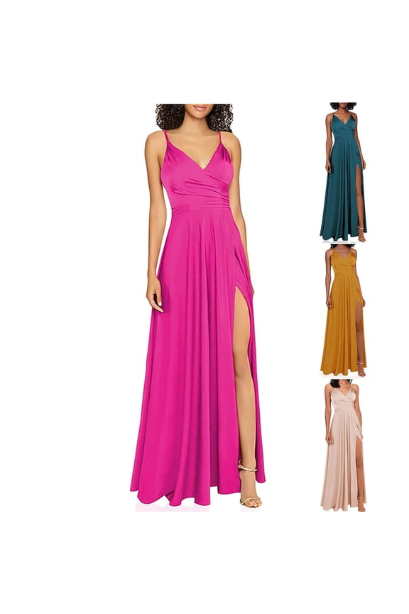 Women's Cocktail Maxi Dress High Split V-Neck Long Bridesmaid Dresses Elegant A-line Evening Pleated Gowns Gold
