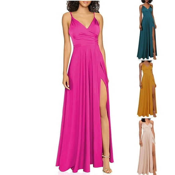ZQUUVOU Women's Cocktail Maxi Dress High Split V-Neck Long Bridesmaid Dresses Elegant A-line Evening Pleated Gowns Hot Pink