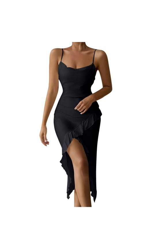 Women's Cocktail Slip Dress V Neck Spaghetti Strap Ruffle Hem Bodycon Thigh High Slit Elegant Party Outfit Black