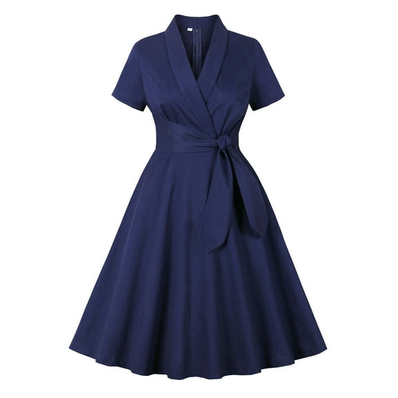ZQUUVOU Women's Collared Shirt Dress Vintage Formal Short Sleeve Tie Waist Knee Length Outfit Work Tea Party Navy