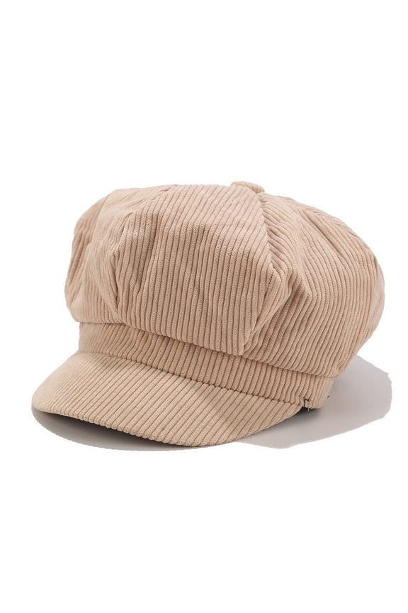 Women's Corduroy Beret Hat Solid Color Newsboy Cap British Vintage 8 Panel Flat Cap Paperboy Gatsby Cabbie Cap Khaki