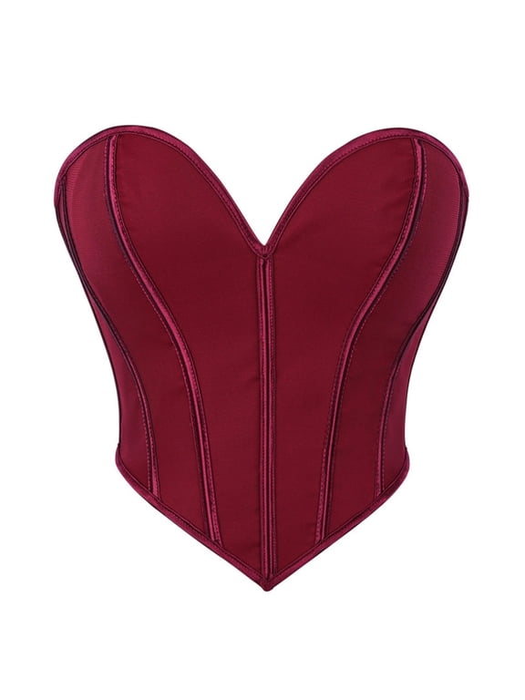 Women's Corset Bustier Top Strapless Vintage Renaissance Corset Bustier Boned Overbust Tube Party Crop Top Burgundy