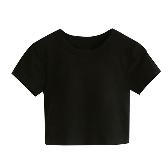 ZQUUVOU Women's Cotton Crop T-Shirt Solid Color Short Sleeve Crew-Neck Crop Blouses Black (L)
